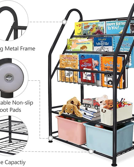 aboxoo Metal Kids Bookshelf Black Toy Chests & Organizers Large Freestanding for Children Toy Chests & OrganizersRoom 25 in Toy Organizer Large Stable Bookcase Bookstore Library Bed Living Room - LeafyLoom