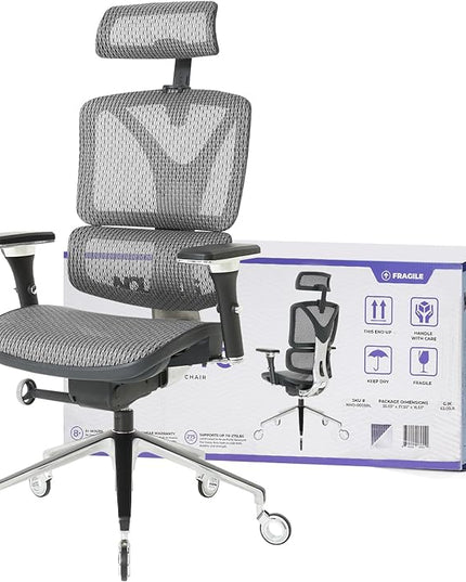 Nouhaus Ergonomic Office Chair Lumbar Support Aluminum Alloy Backrest, Big and Tall Mesh Computer Desk Chair with Adjustable Headrest, 4D Armrest and Premium Wheels(ErgoPRO,Silver) - LeafyLoom