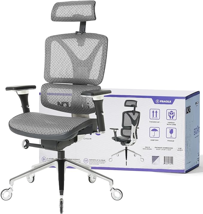 Nouhaus Ergonomic Office Chair Lumbar Support Aluminum Alloy Backrest, Big and Tall Mesh Computer Desk Chair with Adjustable Headrest, 4D Armrest and Premium Wheels(ErgoPRO,Silver) - LeafyLoom