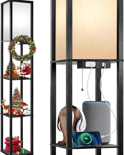 OUTON Floor Lamp with Shelves, LED Shelf Floor Lamp with 1 USB & 1 Type C Ports, 1 AC Outlet, 3 Color Temperature, Storage Display Wood Column Tall Standing Lamp for Living Room, Bedroom Office, Black - LeafyLoom