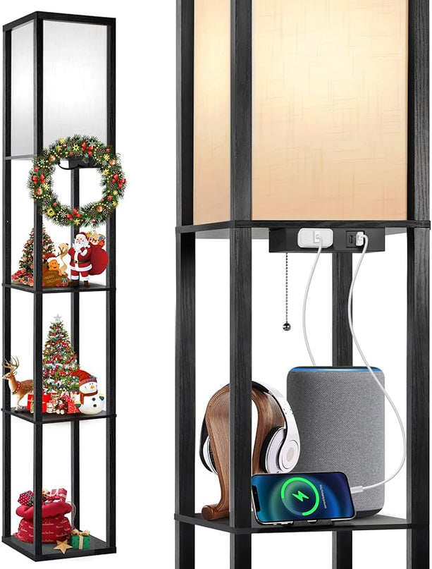 OUTON Floor Lamp with Shelves, LED Shelf Floor Lamp with 1 USB & 1 Type C Ports, 1 AC Outlet, 3 Color Temperature, Storage Display Wood Column Tall Standing Lamp for Living Room, Bedroom Office, Black - LeafyLoom