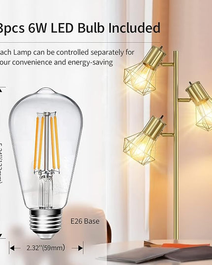 BoostArea Industrial Floor Lamp,Standing Lamp,Farmhouse Tree Floor Lamp with 3pcs 6W Edison Bulbs,Free Adjustable Cage Heads,Independent Control,Floor Lamp for Living Room,Bedroom,Rustic Home - LeafyLoom