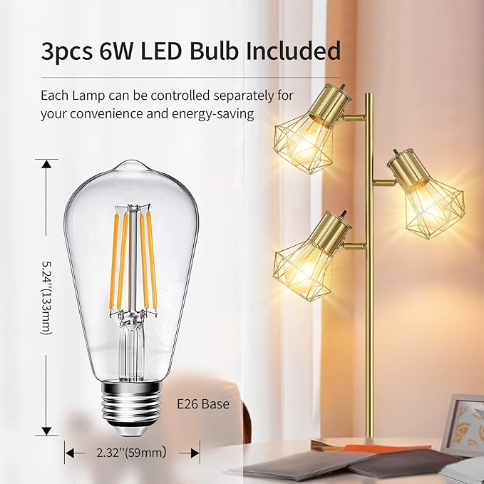 BoostArea Industrial Floor Lamp,Standing Lamp,Farmhouse Tree Floor Lamp with 3pcs 6W Edison Bulbs,Free Adjustable Cage Heads,Independent Control,Floor Lamp for Living Room,Bedroom,Rustic Home - LeafyLoom