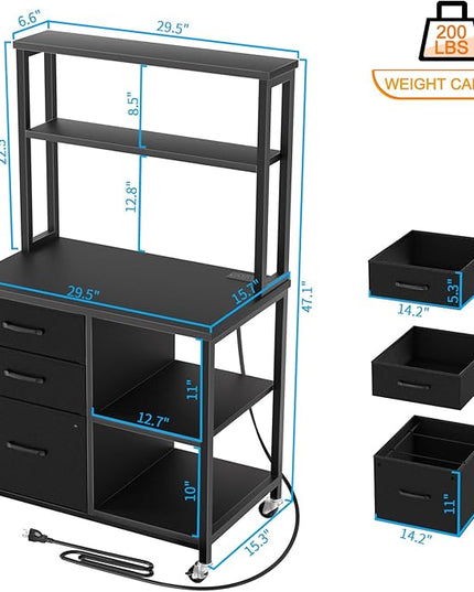 File Cabinet with Drawers and Shelves,Mobile Printer Stand with Storage,Black Filing Cabinet with Wheels for Home Office - LeafyLoom
