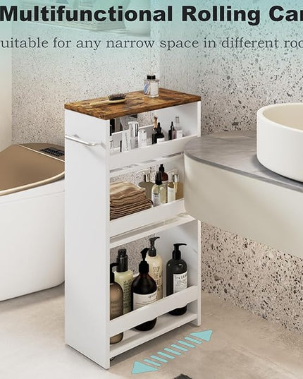 MARTY Rolling Storage Cart 7.9" W, 4-Tier White Kitchen Cart on Wheels, Slim Storage Cart with Handle for Laundry Narrow Places Bathroom Small Corner - LeafyLoom