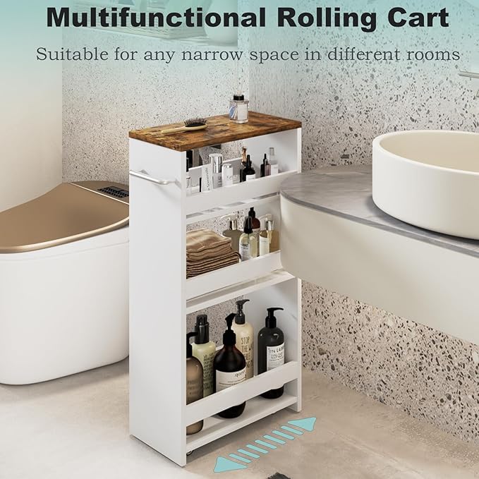 MARTY Rolling Storage Cart 7.9" W, 4-Tier White Kitchen Cart on Wheels, Slim Storage Cart with Handle for Laundry Narrow Places Bathroom Small Corner - LeafyLoom