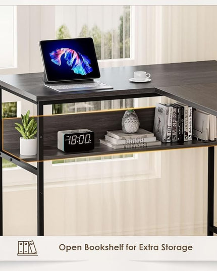 79” U Shaped Desk with Power Outlets, Reversible L Shaped Gaming Desk with Storage Shelves, Large Corner Computer Desk with Monitor Stand, 2 Person Desk for Home Office, Grey Black - LeafyLoom