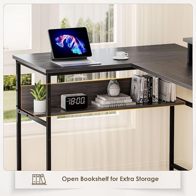 79” U Shaped Desk with Power Outlets, Reversible L Shaped Gaming Desk with Storage Shelves, Large Corner Computer Desk with Monitor Stand, 2 Person Desk for Home Office, Grey Black - LeafyLoom