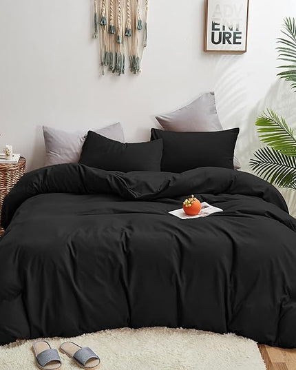 Black Comforter Twin Plain Black Bedding Set 3 Pieces Soft Black Comforter Set 1 Black Twin Comforter (68x90 inches) with 2 Pillowcases(20x26 inches) - LeafyLoom