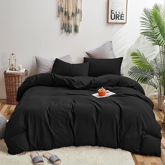 Black Comforter Twin Plain Black Bedding Set 3 Pieces Soft Black Comforter Set 1 Black Twin Comforter (68x90 inches) with 2 Pillowcases(20x26 inches) - LeafyLoom
