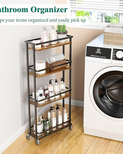Slim Storage Cart 4 Tier Narrow Kitchen Rolling Cart on Wheels for Small Space, Mobile Spice Rack Seasoning Organizer Utility Serving Cart for Kitchen Bathroom Laundry, Brown - LeafyLoom