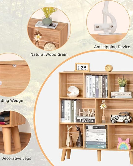 LEYAOYAO Wooden 8 Cube Book Shelf, Natural 3 Tier Bookshelf with Legs, Modern Open Storage Organizer,Boho Bookcase,Display Cabinet Shelf Free Standing Bookshelves for Bedroom,Living Room,Office - LeafyLoom