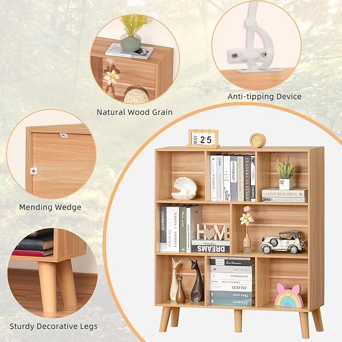 LEYAOYAO Wooden 8 Cube Book Shelf, Natural 3 Tier Bookshelf with Legs, Modern Open Storage Organizer,Boho Bookcase,Display Cabinet Shelf Free Standing Bookshelves for Bedroom,Living Room,Office - LeafyLoom