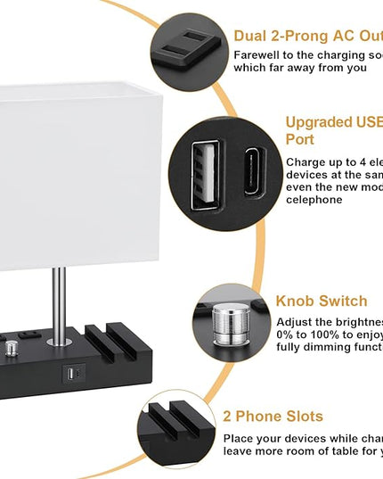 Kakanuo Table Lamp for Bedroom with Dual USB Ports, White Fully Dimmable Bedside Lamp with Phone Stands and 2 Charging Outlets, Desk Lamp for Nightstand and Living Room, LED Bulb Included - LeafyLoom