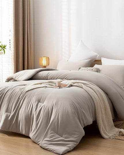 3PCS Boho Full Size Comforter Set Tannish Grey Farmhouse Bed Comforter for Teen Women and Men Reversible Warm Washable Microfiber Comforter for All Season - LeafyLoom