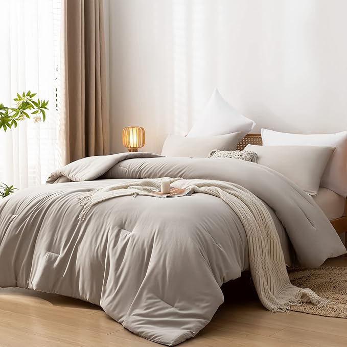 3PCS Boho Full Size Comforter Set Tannish Grey Farmhouse Bed Comforter for Teen Women and Men Reversible Warm Washable Microfiber Comforter for All Season - LeafyLoom