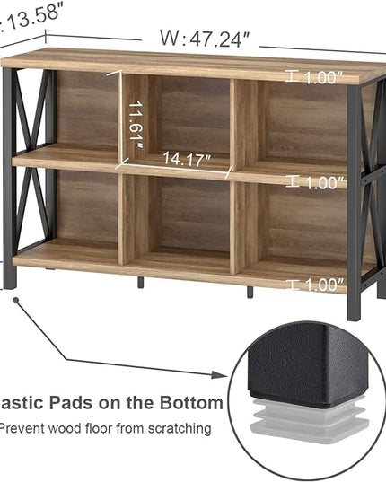 FATORRI 6 Cube Storage Organizer with Shelf, Long Wood and Metal Cubby Bookcase, Industrial Horizontal Bookshelf (Rustic Oak, 47 Inch) - LeafyLoom