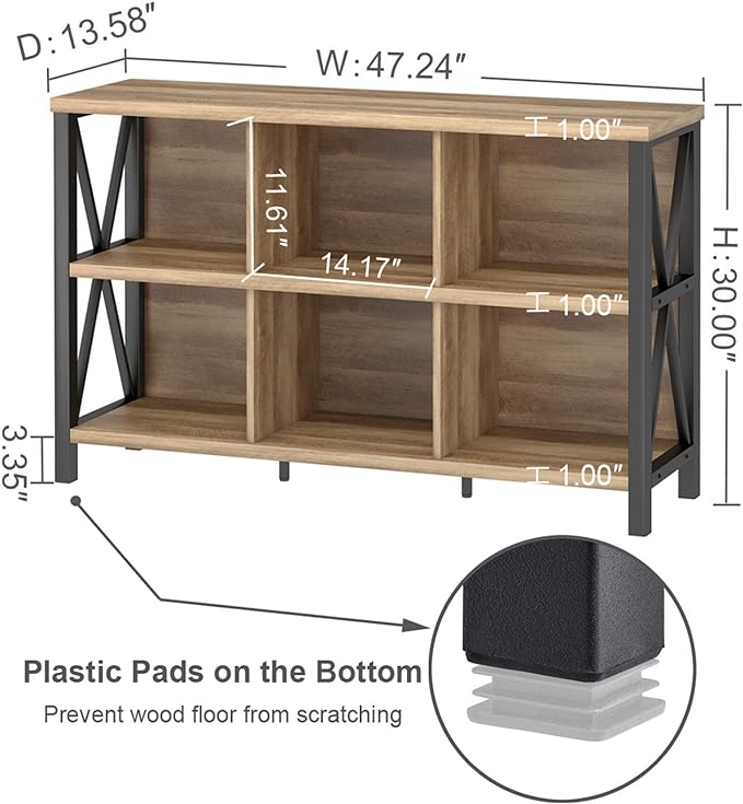 FATORRI 6 Cube Storage Organizer with Shelf, Long Wood and Metal Cubby Bookcase, Industrial Horizontal Bookshelf (Rustic Oak, 47 Inch) - LeafyLoom