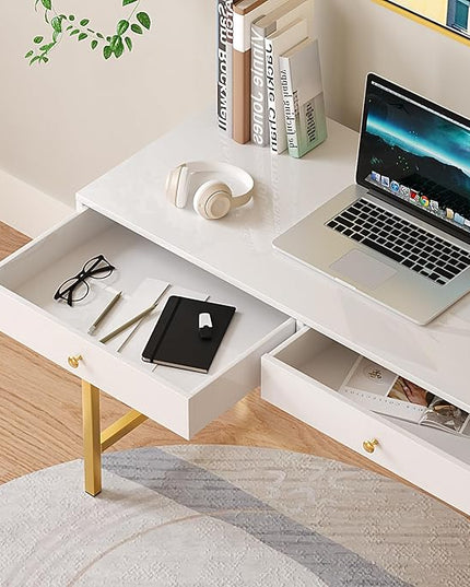 White-Vanity-Desk with 2 Drawers, White/Gold Home-Office-Desks Glossy Desktop Makeup-Vanity-Table Modern Writing Computer Standing Desk with Wood Top and Metal Frame for Home Office Bedroom Furniture - LeafyLoom