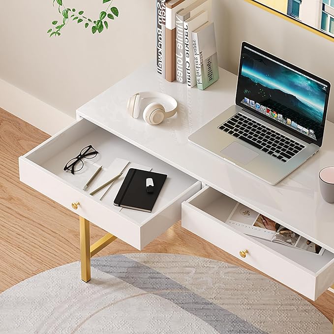 White-Vanity-Desk with 2 Drawers, White/Gold Home-Office-Desks Glossy Desktop Makeup-Vanity-Table Modern Writing Computer Standing Desk with Wood Top and Metal Frame for Home Office Bedroom Furniture - LeafyLoom