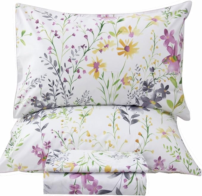 QSH Floral Full Size Bed Sheet Sets - Yellow Flower Botanical Pattern Egyptian Cotton Printed Bedding Sheets Full Size Bed Extra Soft and Breathable 4pcs Deep Pockets Bed Sheets for Full Size Bed - LeafyLoom
