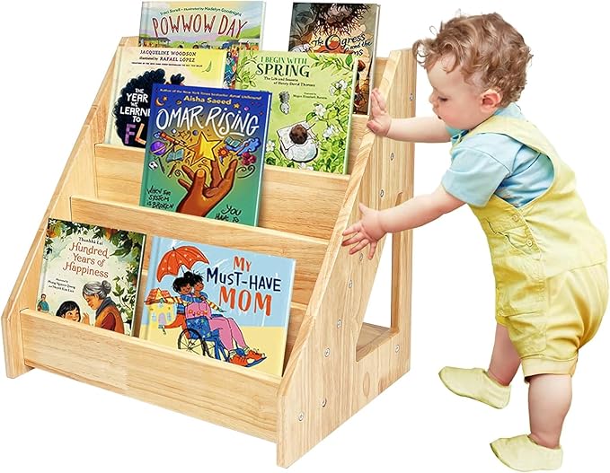 5 Tier Montessori Bookshelf Solid Wood, Nursery Bookcase, Toddler Book Display Shelf for Toddler, 17" Height - LeafyLoom