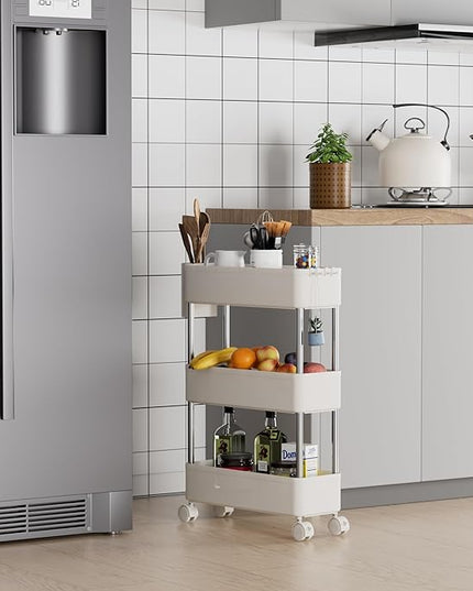VECELO Storage Cart 3-Tier Utility Rolling Cart,Mobile Shelving Slim Unit Organizers with 360°Wheels Hooks&Hanging Cups for Kitchen Bedroom Bathroom Office Sofa Side in Narrow Places, White - LeafyLoom