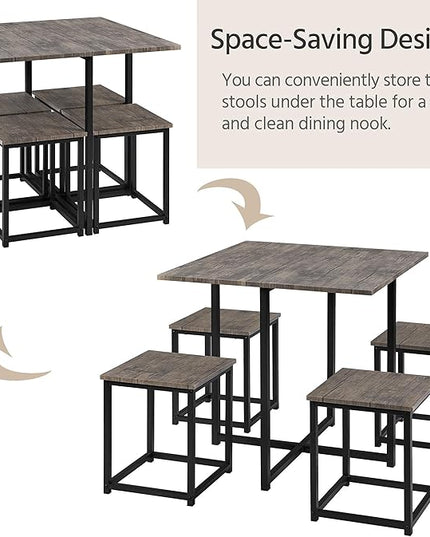 Yaheetech 5-Piece Dining Table Set with 4 Stools - Industrial Compact Kitchen Table & Chairs Sets, Space-Saving Design for Apartment, Small Space, Breakfast Nook, Drift Brown - LeafyLoom