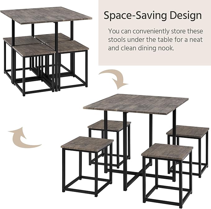Yaheetech 5-Piece Dining Table Set with 4 Stools - Industrial Compact Kitchen Table & Chairs Sets, Space-Saving Design for Apartment, Small Space, Breakfast Nook, Drift Brown - LeafyLoom