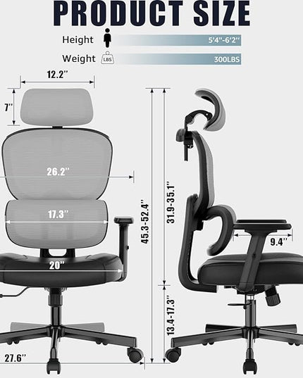 Office Chair, Ergonomic Desk Chair, High Back Desk Chair, Big and Tall Reclining Comfy Home Office Chair with Lumbar Support Breathable Mesh Computer Chair Adjustable Armrests - LeafyLoom