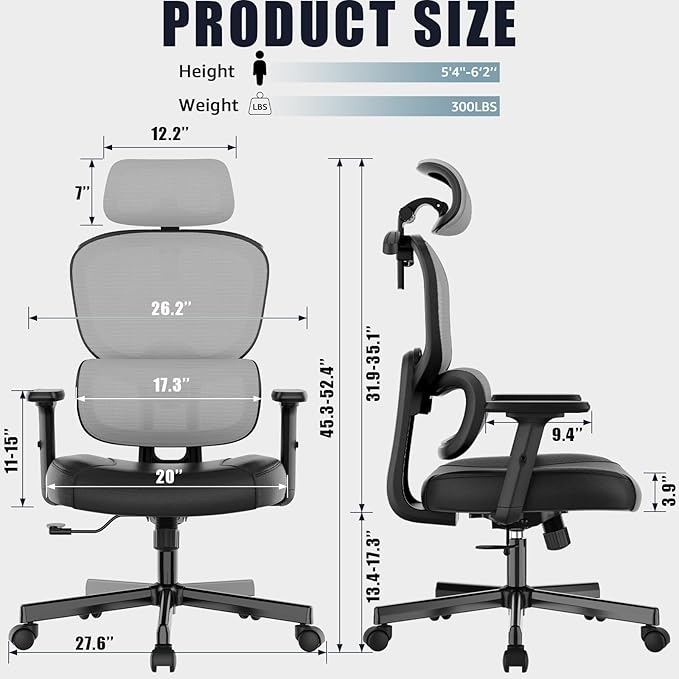 Office Chair, Ergonomic Desk Chair, High Back Desk Chair, Big and Tall Reclining Comfy Home Office Chair with Lumbar Support Breathable Mesh Computer Chair Adjustable Armrests - LeafyLoom