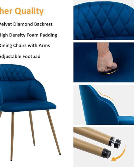 Velvet Dining Chairs Sets of 2, Modern Upholstered Accent Side Chairs with Arm Gold Metal Legs for Kitchen Living Bed Room, Blue - LeafyLoom