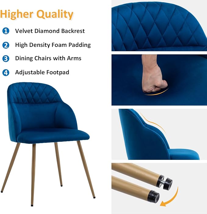 Velvet Dining Chairs Sets of 2, Modern Upholstered Accent Side Chairs with Arm Gold Metal Legs for Kitchen Living Bed Room, Blue - LeafyLoom