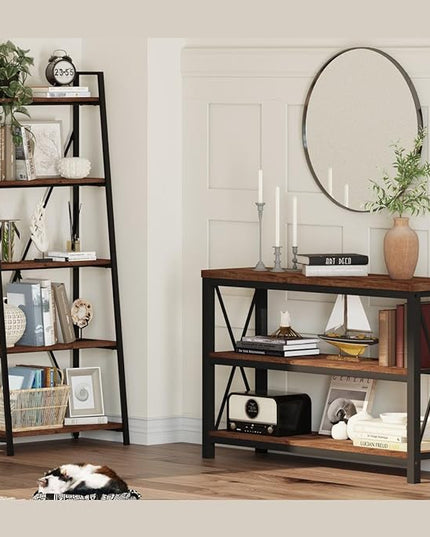 BON AUGURE Ladder Shelf Bookcase, 5-Tier Industrial Ladder Bookshelf, Tall Living Room Shelves, Wood and Metal Leaning Shelf for Home Office, Kitchen, Bedroom, Balcony (Rustic Oak) - LeafyLoom