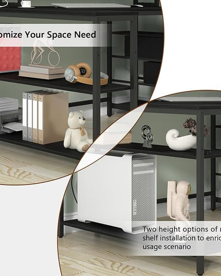 L Shaped Desk with 3 Drawer & 3 Open Shelf, Computer Desk with LED Lights & Power Outlets, Home Office Desk with Reversible Storage Shelves & Monitor Stand, Corner Desk for Small Space - LeafyLoom