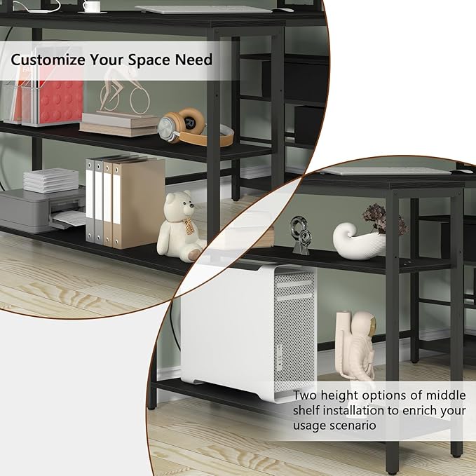 L Shaped Desk with 3 Drawer & 3 Open Shelf, Computer Desk with LED Lights & Power Outlets, Home Office Desk with Reversible Storage Shelves & Monitor Stand, Corner Desk for Small Space - LeafyLoom
