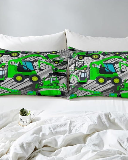 Excavator Down Comforter, Kids Boys Cartoon Car Comforter Set Full, Children Tractor Truck Duvet Sets Girls Construction Vehicle Bulldozer Bedding Set 3 Pieces with 2 Pillow Cases, Green Gray - LeafyLoom