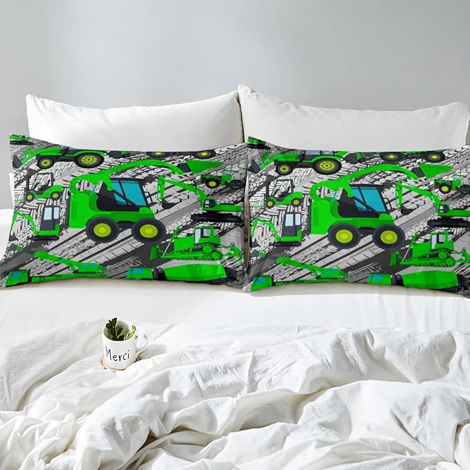 Excavator Down Comforter, Kids Boys Cartoon Car Comforter Set Full, Children Tractor Truck Duvet Sets Girls Construction Vehicle Bulldozer Bedding Set 3 Pieces with 2 Pillow Cases, Green Gray - LeafyLoom