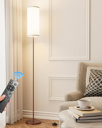 Floor Lamp for Living Room, Modern Standing lamp with Remote Control, Stepless Dimmable 12W Bulb & Beige Lampshade Included, Brown Pole Tall Floor Lamp for Bedroom Office - LeafyLoom
