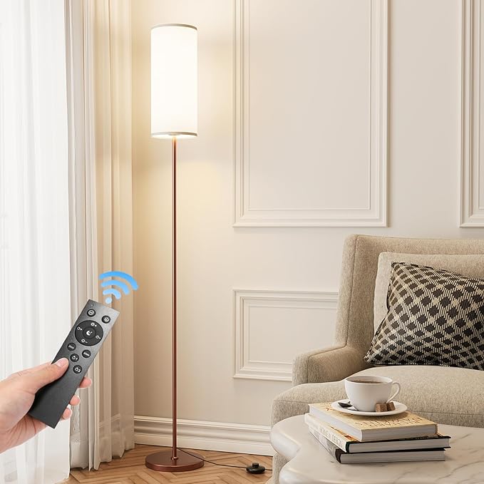 Floor Lamp for Living Room, Modern Standing lamp with Remote Control, Stepless Dimmable 12W Bulb & Beige Lampshade Included, Brown Pole Tall Floor Lamp for Bedroom Office - LeafyLoom