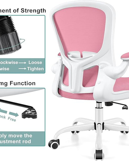 Ergonomic Office Chair, Lumbar Support Desk Chair with Flip-up Armrest and Breathable Mesh, Height Adjustable Swivel Office Chair Pink - LeafyLoom