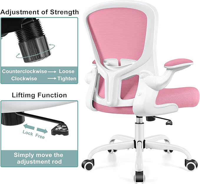 Ergonomic Office Chair, Lumbar Support Desk Chair with Flip-up Armrest and Breathable Mesh, Height Adjustable Swivel Office Chair Pink - LeafyLoom