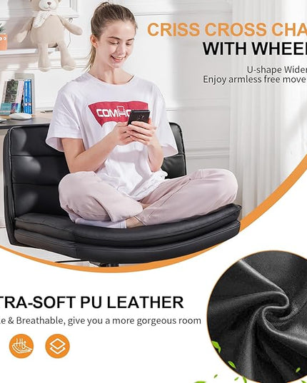 COMHOMA Criss Cross Chair with Wheels, Armless Wide Cross Legged Office Chair Mid Back, Modern Home Office Desk Chair Swivel Adjustable Vanity Computer Chair, Black - LeafyLoom