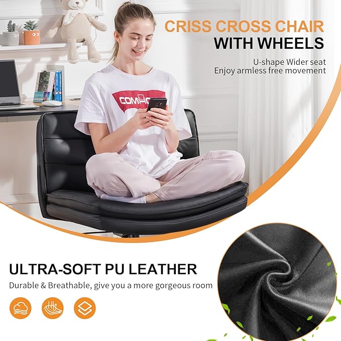 COMHOMA Criss Cross Chair with Wheels, Armless Wide Cross Legged Office Chair Mid Back, Modern Home Office Desk Chair Swivel Adjustable Vanity Computer Chair, Black - LeafyLoom