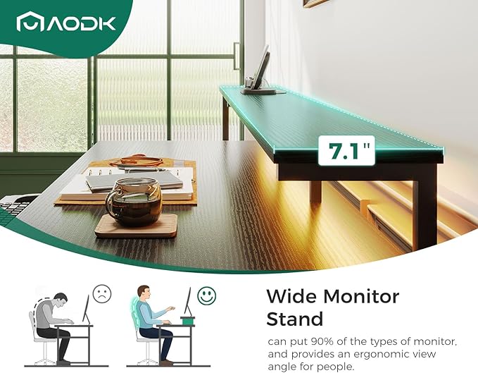 AODK 63 Inch Gaming Desk with Power Outlet & LED Light, Reversible Computer Desk with File Cabinet and Fabric Drawer, Office Desk with Keyboard Tray, Table with Full Monitor Riser and PC Stand, Black - LeafyLoom