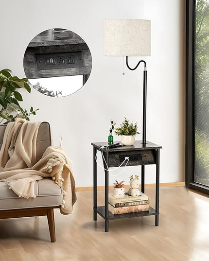 FIMEI Floor Lamp with Table, End Table with Charging Station USB Ports & Outlets, Bedside Table 3 Color Temperature Reading Light, Nightstand with Shelves for Living Room Bedroom Apartment, Sage Gray - LeafyLoom