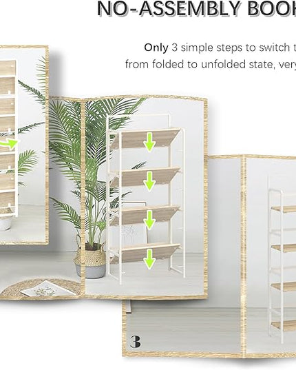 4NM No-Assembly 4 Tiers Folding Bookshelf Storage Shelves Vintage Bookcase Standing Racks Study Organizer Home Office (Natural and White) - LeafyLoom