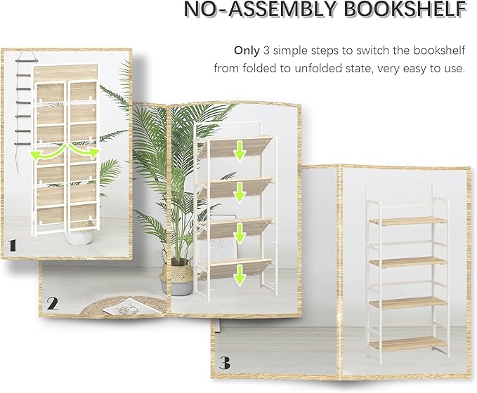 4NM No-Assembly 4 Tiers Folding Bookshelf Storage Shelves Vintage Bookcase Standing Racks Study Organizer Home Office (Natural and White) - LeafyLoom
