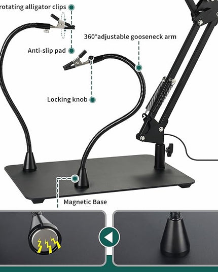 10X Magnifying Glass with Light, YOUKOYI 3-in-1 LED Magnifying Light, 3 Modes Stepless Dimming Magnifying Lamp with Magnetic Helping Hands & Heavy Duty Base Plate for Close Work Reading Repair Crafts - LeafyLoom