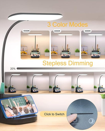 YOUKOYI LED Desk Lamps for Kids, Small Desk Lamps with Pen Holder, 3600mAh Battery Operated Desk Lamp 3Color Modes Stepless Dimming Cute Desk Lamp, Gooseneck Desk light for Home Office, Reading, Study - LeafyLoom